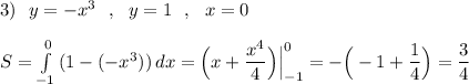 3)\ \ y=-x^3\ \ ,\ \ y=1\ \ ,\ \ x=0\\\\S=\int\limits_{-1}^0\, (1-(-x^3))\, dx=\Big(x+\dfrac{x^4}{4}\Big)\Big|_{-1}^0=-\Big(-1+\dfrac{1}{4}\Big)=\dfrac{3}{4}