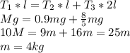 T_1*l=T_2*l+T_3*2l\\Mg=0.9mg+\frac{8}{5}mg\\10M=9m+16m=25m\\m=4 kg\\