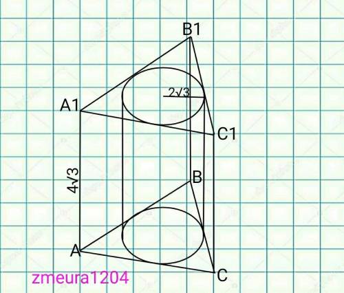 в правильную треугольную призму вписан цилиндр радиусом 2корня из 3 и высотой 4 корня из 3 вычислите