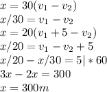 x=30(v_1-v_2)\\x/30=v_1-v_2\\x =20(v_1+5-v_2)\\x/20=v_1-v_2+5\\x/20-x/30=5 | *60\\3x-2x=300\\x=300 m