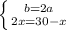 \left \{ {{b=2a} \atop {2x=30 - x}} \right.