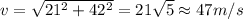 v=\sqrt{21^2+42^2}=21\sqrt{5}\approx47 m/s