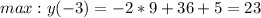 max: y(-3) = -2 * 9 + 36 + 5 = 23