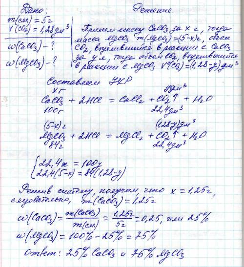 Смесь корбонатов кальция и магния массой 5г обработали соляной кислотой. При этом выделилось 1,28 дм