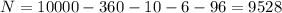 N=10000-360-10-6-96=9528