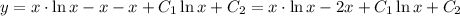 y=x\cdot \ln x-x-x+C_1\ln x+C_2=x\cdot \ln x-2x+C_1\ln x+C_2