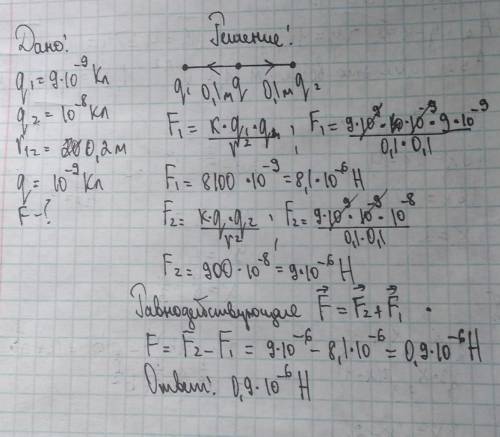 Два заряда q1 = 9·10-9 Кл и q2 = 10-8 Кл находятся на расстоянии 20 см друг от друга. Какая сила дей