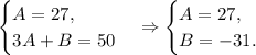\begin{cases}A=27,\\3A+B=50\end{cases} \Rightarrow \begin{cases}A=27,\\B=-31.\end{cases}