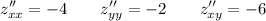 \displaystyle z''_{xx}=-4\qquad z''_{yy}=-2 \qquad z''_{xy}= -6