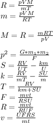 R=\frac{pVM}{mT}\\m=\frac{pVM}{RT}\\\\M=R=\frac{mRT}{pV}\\\\p^2=\frac{G*m_1*m_2}{F}\\S=\frac{RV}{UT}- \frac{km}{U}\\k=\frac{RV}{mT}-\frac{SU}{m}\\T=\frac{RV}{km+SU}\\F= \frac{mvt}{RSU}\\R=\frac{mvt}{RUF}\\v=\frac{UFRS}{mt}