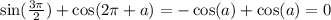 \sin( \frac{3\pi}{2} ) + \cos(2\pi + a) = - \cos(a) + \cos(a) = 0