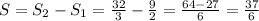 S = S_{2} - S_{1} = \frac{32}{3} - \frac{9}{2} = \frac{64 - 27}{6} = \frac{37}{6}