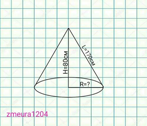 Дано конус; L=17 (дм) H=8 (дм) Густина рідини = 0,7 г/см3 Знайти: масу рідини що повністю заповнює к