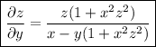 \boxed{\dfrac{\partial z}{\partial y} =\dfrac{z(1+x^2z^2)}{x-y(1+x^2z^2)}}