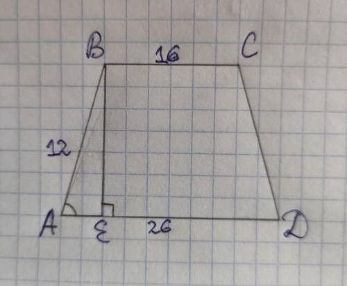 В равнобедренной трапеции с основаниями 16 и 26 см - боковая сторона равна 12 см. Найдите синус остр