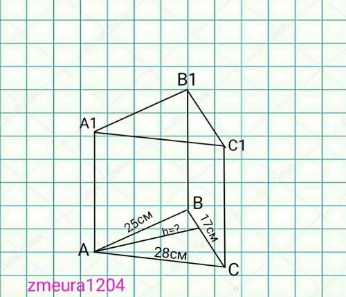 Стороны оснований прямой призмы равны 17см, 25см, 28см. Боковое ребро призмы равно большей высоте ос