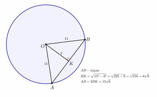 Знайдіть довжину хорди, відстань від ЯКОЇ ДО центра кола, радіуса 15 см, дорівнює 3см.