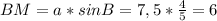 BM=a*sinB=7,5*\frac{4}{5}=6