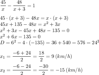 \dfrac{45}{x} -\dfrac{48}{x+3} =1\\\\45 \cdot (x+3)-48x=x \cdot (x+3)\\45x+135-48x=x^{2} +3x\\x^{2} +3x-45x+48x-135=0\\x^{2} +6x-135=0\\D=6^{2} -4 \cdot (-135)=36+540=576=24^{2} \\\\x_{1} =\dfrac{-6+24}{2} =\dfrac{18}{2}=9 \: (km/h)\\\\x_{2} =\dfrac{-6-24}{2} =\dfrac{-30}{2} =-15 \: (km/h)\\\\