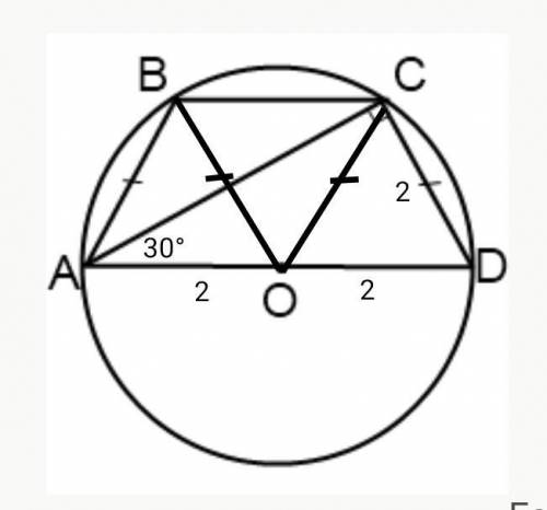 діагональ трапеції утворює з більшою основою кут 30 градусів, а центр кола , описаного навколо трапе