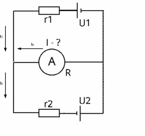 Знайти покази амперметра і напрямок струму через нього. Опір амперметра R.