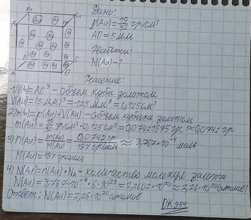 Плотность золота равна 19/32 г/см3. Рассчитайте число атомов золота, которое содержится в кубике зол