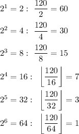 2^1=2:~\dfrac{120}2=60\\\\2^2=4:~\dfrac{120}4=30\\\\2^3=8:~\dfrac{120}8=15\\\\2^4=16:~\left \lfloor{\dfrac{120}{16}}\right \rfloor=7\\\\2^5=32:~\left \lfloor{\dfrac{120}{32}}\right \rfloor=3\\\\2^6=64:~\left \lfloor{\dfrac{120}{64}}\right \rfloor=1