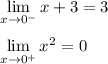 \displaystyle \lim_{x \to 0^-}x+3 = 3\\\\ \lim_{x \to 0^+} x^2=0