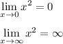 \displaystyle \lim_{x \to 0} x^2=0\\\\\lim_{x \to \infty} x^2=\infty