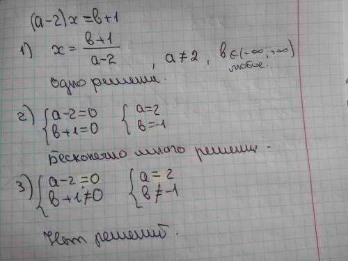 при каких значениях параметров a и b (a-2)x=b+1 имеет одно решение, имеет бесконечно много решений и