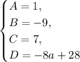 \begin{equation*}\begin{cases}A=1,\\B=-9,\\C=7,\\D=-8a+28\end{cases}\end{equation*}