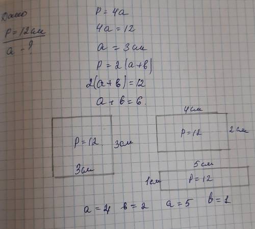 4) Построй две геометрические фигуры - прямоугольник и квадрат, перемитр которых рави 12 см​Я нечаян