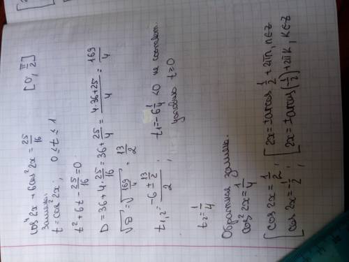 ОЧень cos^4 2x + 6cos^2 2x=25/16 на промежутке [0;π/2]