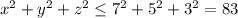 x^2+y^2+z^2\leq 7^2+5^2+3^2 = 83