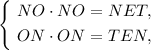 \left\{\begin{gathered}\begin{aligned}&NO \cdot NO = NET,\\ &ON \cdot ON = TEN,\end{aligned} \end{gathered} \right.