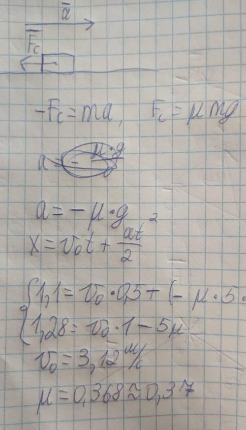 Шайбу толкнули по горизонтальной поверхности. Через время τ=0,5 с она оказалась на расстоянии S1=1,1