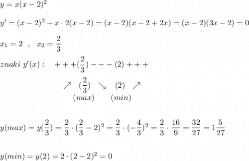 y=x(x-2)^2\\\\y'=(x-2)^2+x\cdot 2(x-2)=(x-2)(x-2+2x)=(x-2)(3x-2)=0\\\\x_1=2\ \ ,\ \ x_2=\dfrac{2}{3}\\\\znaki\ y'(x):\ \ \ +++(\dfrac{2}{3})---(2)+++\\\\{}\qquad \qquad \qquad \quad \ \ \nearrow \ \ (\dfrac{2}{3})\ \ \searrow \ \ \, (2)\ \ \nearrow \\{}\qquad \qquad \qquad \qquad \quad \, (max)\ \ \ \ \ \ (min)\\\\\\y(max)=y(\dfrac{2}{3})=\dfrac{2}{3}\cdot (\dfrac{2}{3}-2)^2=\dfrac{2}{3}\cdot (-\dfrac{4}{3})^2=\dfrac{2}{3}\cdot \dfrac{16}{9}=\dfrac{32}{27}=1\dfrac{5}{27}\\\\\\y(min)=y(2)=2\cdot (2-2)^2=0