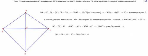 Точка О - середина диагонали АС чотирикутника АBCD. Известно, что DA=DC, BA=BC, AC=20 см, OB = 6 см,