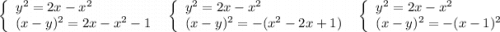 \left\{\begin{array}{l}y^2=2x-x^2\\(x-y)^2=2x-x^2-1\end{array}\right\ \ \left\{\begin{array}{l}y^2=2x-x^2\\(x-y)^2=-(x^2-2x+1)\end{array}\right\ \ \left\{\begin{array}{l}y^2=2x-x^2\\(x-y)^2=-(x-1)^2\end{array}\right