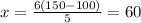 x=\frac{6(150-100)}{5}=60