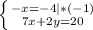 \left \{ {{-x=-4 | *(-1)} \atop {7x+2y=20}} \right.