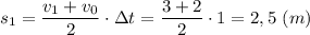 s_1 = \dfrac{v_1 + v_0}{2} \cdot \Delta t = \dfrac{3 + 2}{2} \cdot 1 = 2,5~(m)