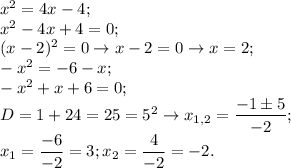 x^{2} =4x-4;\\x^{2} -4x+4=0;\\(x-2)^{2} =0 \to x-2=0 \to x=2;\\-x^{2} =-6-x;\\-x^{2} +x+6=0;\\D=1+24=25=5^{2} \to x_{1,2} =\dfrac{-1 \pm 5}{-2} ;\\x_{1} =\dfrac{-6}{-2} =3;x_{2} =\dfrac{4}{-2} =-2.