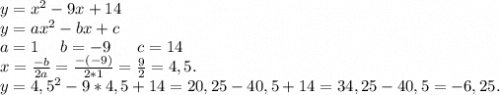 y=x^2-9x+14\\y=ax^2-bx+c\\a=1\ \ \ \ b=-9\ \ \ \ \ c=14\\x=\frac{-b}{2a} =\frac{-(-9)}{2*1}=\frac{9}{2}=4,5.\\y=4,5^2-9*4,5+14=20,25-40,5+14=34,25-40,5=-6,25.