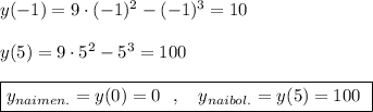 y(-1)=9\cdot (-1)^2-(-1)^3=10\\\\y(5)=9\cdot 5^2-5^3=100\\\\\boxed{y_{naimen.}=y(0)=0\ \ ,\ \ \ y_{naibol.}=y(5)=100\ }