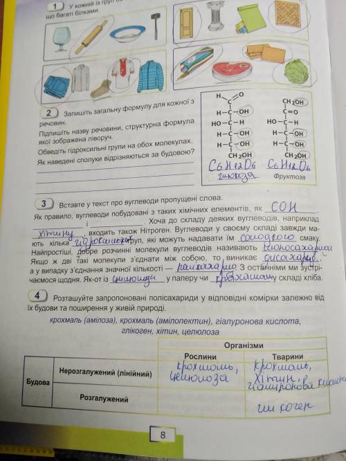 4. Розташуйте запропоновані полісахариди у відповідні комірки залежно від їх будови та поширення у ж