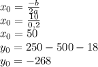 x_{0} =\frac{-b}{2a} \\x_{0}=\frac{10}{0,2} \\x_{0}=50\\y_{0} =250-500-18\\y_{0} =-268