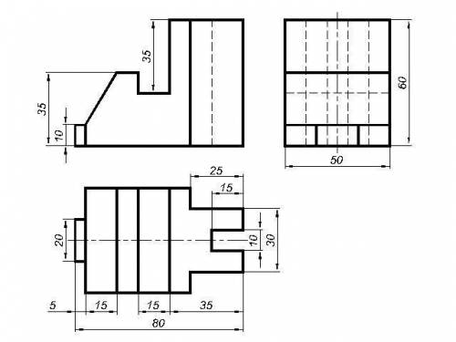 Достроить 3 вид по двум заданным (с размерами) и начертить аксонометрическую проекцию детали в димет