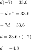 d(-7)=33.6\\\\-d*7=33.6\\\\-7d=33.6\\\\d=33.6:(-7)\\\\ d=-4.8\\