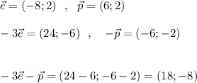 \vec{e}=(-8;2)\ \ ,\ \ \vec{p}=(6;2)\\\\-3 \vec{e}=(24;-6)\ \ ,\ \ \ - \vec{p}=(-6;-2)\\\\\\-3 \vec{e}- \vec{p}=(24-6;-6-2)=(18;-8)